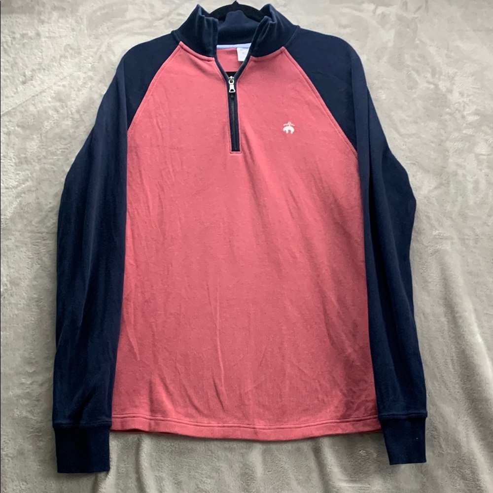 BROOKS BROTHERS LARGE MEN LONG SLEEVE SWEATER PULLOVER 1/4 ZIP SALMON PINK NAVY